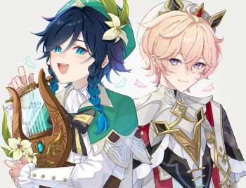 2boys :d ahoge aqua_eyes beret black_bow black_bowtie black_capelet black_hair blue_hair blush bow bowtie braid brown_corset cape capelet center_frills closed_mouth collared_cape corset dahlia_(genshin_impact) drawn_wings flower frilled_sleeves frills genshin_impact gold_trim gradient_hair green_cape green_hat grey_background hair_between_eyes hand_up hashtag-only_commentary hat hat_flower highres holding holding_instrument holding_lyre instrument long_sleeves looking_at_viewer lyre male_focus medium_hair mini_wings multicolored_hair multiple_boys nya_inuha open_mouth pink_hair purple_eyes shirt short_hair side_braids simple_background smile tassel teeth twin_braids two-sided_cape two-sided_fabric upper_body upper_teeth_only venti_(genshin_impact) white_flower white_hat white_shirt wings
