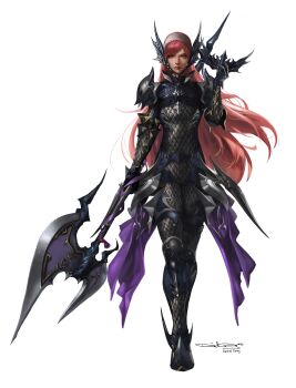 1girl absurdres armor axe cherche_(fire_emblem) daniel_deng dragoon_(final_fantasy) final_fantasy final_fantasy_xiv fire_emblem fire_emblem_awakening full_armor full_body gauntlets hairband highres holding holding_axe lips long_hair nintendo pauldrons pink_eyes pink_hair scale_armor shoulder_armor signature simple_background solo standing weapon white_background