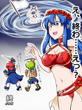 2boys 2girls arm_up bikini blue_cape blue_eyes blue_hair blue_male_swimwear blue_swim_trunks bow_(weapon) breasts cape cleavage covered_erect_nipples deno_(denomina0) fire_emblem fire_emblem:_the_binding_blade fire_emblem:_the_blazing_blade fire_emblem_heroes fish flag from_behind green_hair head_wreath headband highres holding holding_bow_(weapon) holding_sword holding_weapon lilina_(fire_emblem) lilina_(summer)_(fire_emblem) long_hair male_swimwear multiple_boys multiple_girls navel nintendo open_mouth red_bikini red_hair roy_(fire_emblem) short_hair swim_trunks swimsuit sword upside-down ursula_(fire_emblem) ursula_(summer)_(fire_emblem) weapon wolt_(fire_emblem) wolt_(summer)_(fire_emblem)