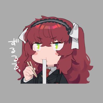 Rule 34 | 1girl, black suit, blush stickers, chibi, chopsticks, commentary request, eating, expressionless, food, formal clothes, green eyes, hairband, hans.b, highres, holding, holding chopsticks, lolita hairband, long hair, necktie, noodles, original, red hair, slurping, solo, suit, udon, upper body