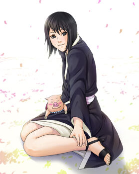Rule 34 | 1girl, bare legs, black eyes, black hair, black kimono, blush, blush stickers, feet, happy, japanese clothes, kimono, looking at viewer, matching hair/eyes, naruto (classic), naruto (series), pet, petals, pig, shizune (naruto), short hair, sitting, smile, tk (tk's level4), toes, tonton (naruto), wariza