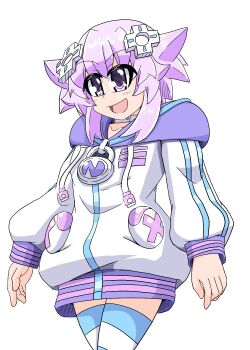 1girl admiral_harizumi choker d-pad d-pad_hair_ornament hair_ornament highres matching_hair/eyes neptune_(neptunia) neptune_(series) open_mouth parka purple_eyes purple_hair short_hair striped_legwear white_background