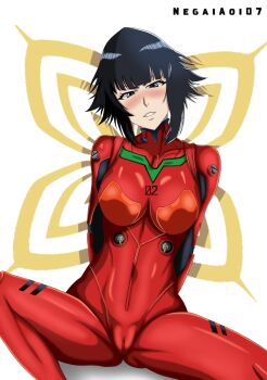 1girl arms_behind_back artist_name bar_censor black_hair bleach blush bodysuit breasts censored collarbone cosplay female_focus highres mecha_pilot_suit medium_hair navel negaiaoi928374 neon_genesis_evangelion nipples plugsuit_(evangelion) pussy simple_background small_breasts souryuu_asuka_langley souryuu_asuka_langley_(cosplay) spread_legs sui-feng variant_set white_background
