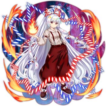 1girl bamboo bow brown_shoes closed_mouth collared_shirt danmaku fire footwear_bow fujiwara_no_mokou fujiwara_no_mokou_(eternal) full_body game_cg grey_shirt hair_bow hand_in_pocket highres imperishable_night juliet_sleeves long_hair long_sleeves looking_at_viewer multiple_hair_bows official_art ofuda ofuda_on_clothes pants puffy_sleeves pyrokinesis red_eyes red_pants rotte_(1109) shirt shoes smile solo standing suspenders third-party_source touhou touhou_lostword transparent_background very_long_hair white_bow white_hair