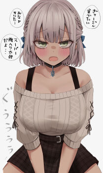Rule 34 | 1girl, absurdres, black choker, blush, braid, breasts, brown skirt, choker, commentary request, green eyes, grey hair, half up braid, highres, hololive, large breasts, long sleeves, looking at viewer, medium hair, natsume mina, off shoulder, official alternate costume, open mouth, pendant choker, plaid clothes, plaid skirt, shirogane noel, shirogane noel (casual), simple background, skirt, solo, sweater, translation request, virtual youtuber, white background, white sweater