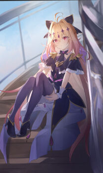 Rule 34 | 1girl, absurdres, antenna hair, black bow, black bowtie, black capelet, black dress, black shoes, blonde hair, bow, bowtie, brooch, capelet, chinese commentary, commentary request, cure arcana shadow, diamond hairband, dress, frilled capelet, frills, hair bow, hair intakes, heart, heart brooch, high heels, highres, jewelry, long hair, looking at viewer, magical girl, meitantei precure!, moria luluka, precure, purple thighhighs, purple veil, red eyes, shoes, sitting, sitting on stairs, solo, stairs, tear arcana rod, thighhighs, veil, very long hair, wrist cuffs, z-bow