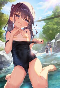 6+girls :p bandaid bandaids_on_nipples barefoot bikini_tan black_hair black_one-piece_swimsuit blush bridge clothes_pull day flat_chest henreader highres loli long_hair looking_at_viewer multiple_girls nature one-piece_swimsuit one-piece_swimsuit_pull original outdoors pasties purple_eyes purple_hair river school_swimsuit sitting smile solo_focus sunlight swimsuit tan tanline tongue tongue_out twintails wet wooden_bridge