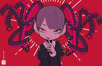 Rule 34 | 1girl, :p, evil smile, hand to own mouth, highres, iwako (eiken3kyuboy), juliet sleeves, long sleeves, looking at viewer, mechanical tentacles, original, pink eyes, puffy sleeves, purple hair, red background, short hair, smile, solo, tongue, tongue out, tsurime, twitter username, upper body