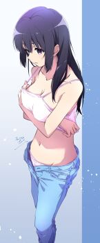 1girl arms_under_breasts black_eyes black_hair blue_pants bow bow_panties breasts camisole camisole_lift cleavage closed_mouth clothes_lift commentary_request dated denim feet_out_of_frame from_side groin hibike!_euphonium highres jeans kousaka_reina large_breasts lifting_own_clothes long_hair navel nii_manabu open_fly open_pants panties pants signature solo spaghetti_strap standing stomach straight_hair underwear undressing white_camisole white_panties