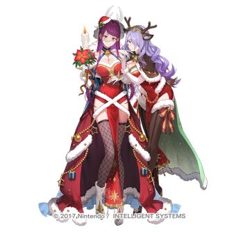 Rule 34 | 2girls, animal ears, antlers, breasts, camilla (fire emblem), camilla (flurry embrace) (fire emblem), candle, christmas, cleavage, color connection, commentary request, deer ears, fake animal ears, fake antlers, female focus, fire, fire emblem, fire emblem engage, fire emblem fates, fire emblem heroes, fishnet thighhighs, fishnets, full body, gloves, hair color connection, hair over one eye, holding, holding candle, horns, in-franchise crossover, ivy (fire emblem), ivy (flurry embrace) (fire emblem), kakage, large breasts, long hair, looking at viewer, matching hair/eyes, mole, mole under mouth, multiple girls, nintendo, official alternate costume, official art, open mouth, purple eyes, purple hair, reindeer antlers, see-through clothes, see-through veil, smile, thighhighs, trait connection, veil, very long hair, wavy hair