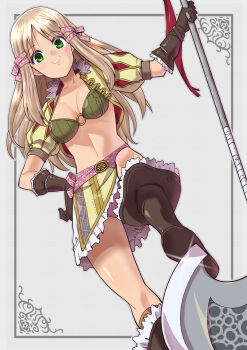 Rule 34 | 1girl, absurdres, atelier (series), atelier totori, axe, bikini, boots, breasts, brown hair, closed mouth, gloves, green eyes, hair ribbon, highres, holding, holding axe, long hair, looking at viewer, medium breasts, mervia siebel, midriff, panties, ribbon, skirt, smile, solo, swimsuit, toku sonchou, tress ribbon, underwear