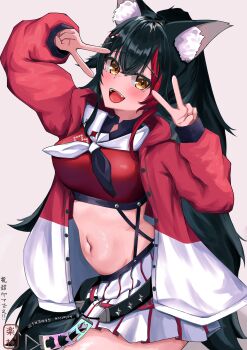 1girl :d absurdres alternate_costume animal_ear_fluff animal_ears belt black_hair double_v fang hair_between_eyes hair_ornament heart highres hololive jacket long_hair long_sleeves looking_at_viewer midriff multicolored_hair multicolored_jacket navel ookami_mio open_mouth puffy_sleeves red_hair red_jacket simple_background skirt smile solo sskmsss v v_over_eye very_long_hair virtual_youtuber white_jacket wolf_ears wolf_girl yellow_eyes