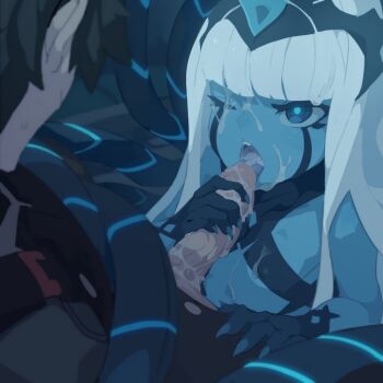 001_(darling_in_the_franxx) 10s 1boy 1girl ;o bare_shoulders black_hair blue_eyes blue_skin blunt_bangs breasts colored_skin covered_erect_nipples cum cum_in_mouth cum_on_body cum_on_breasts cum_on_upper_body darling_in_the_franxx dragon_girl ejaculation erection facial facial_mark fellatio fingernails grabbing handjob hetero hime_cut hiro_(darling_in_the_franxx) horns kakure_eria loli long_hair mecha_pilot_suit one_eye_closed oral parasite_suit_(darling_in_the_franxx) penis pilot_suit princess restrained sharp_fingernails sidelocks small_breasts sweatdrop tentacles uncensored underboob veins veiny_penis white_hair