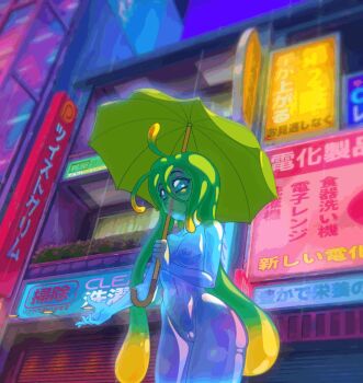 1girl animated animated_gif blue_skin bouncing_breasts breast_expansion breasts city cleavage closed_mouth collarbone colored_skin commentary curvy green_eyes green_hair groin growth happy holding holding_umbrella large_breasts monster_girl monster_musume_no_iru_nichijou navel nipples nude open_mouth outdoors pussy rain slime_girl small_breasts smile solo standing suu_(monster_musume) tentacle_hair twistedgrim umbrella water