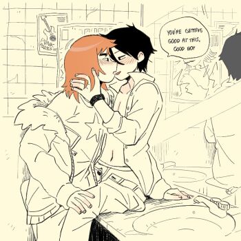 2boys bathroom black_hair blush commentary english_commentary english_text eye_contact fur-trimmed_jacket fur_trim good_boy_(phrase) indoors jacket lariily looking_at_another male_focus male_underwear medium_hair multiple_boys on_counter open_clothes open_shirt orange_hair pants partially_colored poster_(object) scott_pilgrim scott_pilgrim_(series) short_hair sink speech_bubble underwear undressing_another wallace_wells yaoi