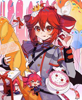>_< ahoge balloon belt berry birthday birthday_cake black_shirt black_shoes black_skirt black_wings blush bow box bread buttons cake chibi closed_eyes crown double-breasted drill_hair dual_persona fingernails food food_on_face food_on_head fork gift gift_box grey_hair grey_skirt hair_between_eyes hair_bow hair_ribbon hand_up happy_birthday hashtag-only_commentary highres holding holding_food jacket kasane_teto kasane_teto_(sv) kasane_teto_(utau) kimmy6710223 layered_sleeves long_sleeves looking_at_viewer musical_staff object_on_head on_box pink_background pink_belt plate red_eyes red_hair red_trim ribbon shirt shoes shoulder_belt shoulder_boards skirt striped_clothes striped_jacket synthesizer_v table_knife tongue tongue_out twin_drills utau white_background white_bow wings