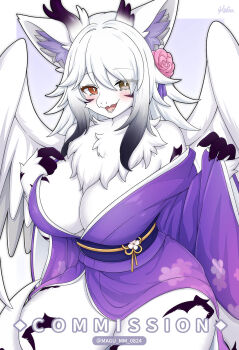 1girl :d animal_ear_fluff animal_ears bare_shoulders black_hair blush breasts commentary commission english_commentary floral_print furry furry_female gradient_background gradient_hair grey_eyes heterochromia highres horns large_breasts long_sleeves looking_at_viewer mo_(k40633) multicolored_hair off_shoulder open_mouth orange_eyes original purple_background sidelocks smile solo white_hair white_wings wide_sleeves wings