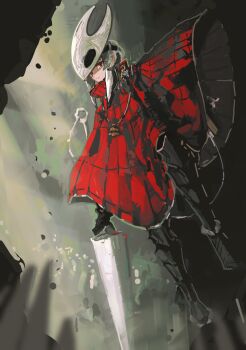 1girl absurdres boots cloak closed_mouth commentary_request frown full_body grey_hair highres holding holding_weapon hollow_knight hollow_knight:_silksong hornet_(hollow_knight) humanization jewelry mask mask_on_head mpka_yt necklace red_cloak red_eyes solo standing weapon