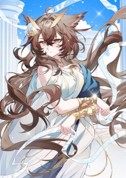 1girl ambience_synesthesia ancient_greek_clothes arknights bracelet breasts brown_hair chinese_commentary closed_mouth column commentary_request cowboy_shot dress feather_hair floating_hair gold_bracelet greco-roman_clothes hair_between_eyes highres huoshan_xue jewelry laurel_crown long_hair medium_breasts official_alternate_costume owl_ears pillar ribbon silence_(arknights) silence_the_paradigmatic_(arknights) sky solo standing very_long_hair white_dress