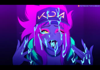 1girl akali aqua_teeth baseball_cap colored_teeth cum cum_on_body cum_on_hair cum_string facial female_focus glowing hat jacket k/da_(league_of_legends) k/da_akali league_of_legends one_eye_closed open_mouth patreon_username pink_hair ponytail solo tofuubear tongue tongue_out ultraviolet_light yellow_eyes