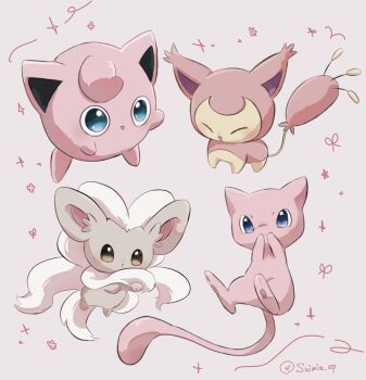 Rule 34 | animal focus, blue eyes, blush, brown hair, cat, cinccino, closed eyes, covering own mouth, full body, gen 1 pokemon, gen 3 pokemon, gen 5 pokemon, highres, jigglypuff, legendary pokemon, mew (pokemon), mythical pokemon, nintendo, no humans, pokemon, pokemon (creature), pokemon focus, skitty, smile, suimin ap (aroniumu), tail