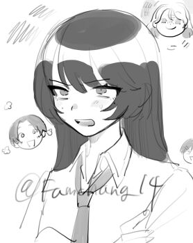 Rule 34 | 1boy, 3girls, brother and sister, collared shirt, commentary request, dress shirt, freckles, futsuu no keion-bu, greyscale, head only, highres, kameya kazushi, kameya san, kouyama rin, long hair, mole, mole on cheek, mole under eye, monochrome, multiple girls, necktie, open mouth, parted bangs, school uniform, shirt, siblings, squiggle, tetsuko (tetsuko009), tsurime, tsuru asaka, twins, twitter username, upper body, v-shaped eyebrows