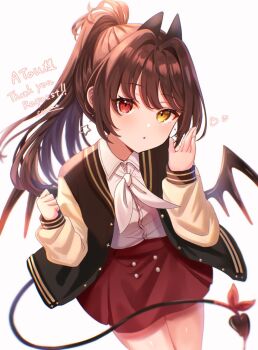 1girl artist_name blush brown_hair collared_shirt commentary_request commission commissioner_name demon_tail demon_wings earrings hair_intakes heart heterochromia highres jewelry long_hair long_sleeves looking_at_viewer original parted_lips ponytail red_eyes red_skirt second-party_source shirt simple_background skeb_commission skirt star_(symbol) star_earrings tail thank_you tikoo_616 white_background white_shirt wings yellow_eyes