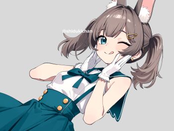 1girl :q animal_ear_fluff animal_ears blue_eyes brown_hair character_request commentary_request commission copyright_request gloves green_sailor_collar green_skirt grey_background highres looking_at_viewer one_eye_closed sailor_collar shigatsu_shizuki short_hair simple_background skeb_commission skirt solo tongue tongue_out twintails white_gloves