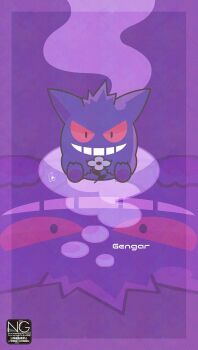 colored_sclera flower gen_1_pokemon gengar ghost grin highres looking_at_viewer meme_(sleepsheep) nintendo no_humans open_mouth pokemon pokemon_(creature) red_eyes red_sclera reflection smile teeth