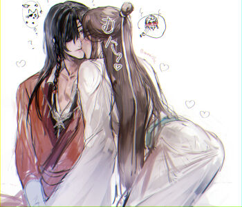 2boys ass beads bishounen black_hair blush bracelet braid brown_hair butterfly_necklace chinese_clothes chromatic_aberration closed_eyes closed_mouth collarbone collared_shirt commentary_request couple eyepatch hair_beads hair_bun hair_ornament hair_over_one_eye hair_ribbon hanfu heart highres hua_cheng jewelry kiss kneeling ktxxok long_hair long_sleeves looking_at_another male_focus multiple_boys necklace one_eye_covered open_collar pectoral_cleavage pectorals red_eyes red_hanfu ribbon ribbon_braid robe shirt side_braid silver_bracelet silver_necklace single_braid single_hair_bun sitting smile sound_effects speech_bubble sweat thought_bubble tianguan_cifu twitter_username undershirt white_background white_hanfu white_ribbon white_shirt wide_sleeves xie_lian yaoi