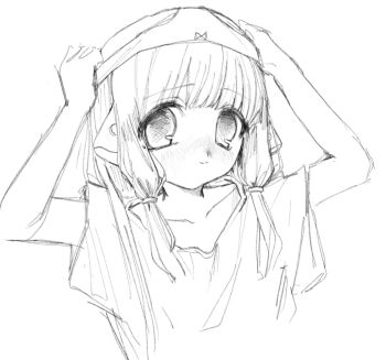 1girl blunt_bangs chii chobits closed_mouth cropped_torso greyscale long_hair looking_back low_twintails monochrome object_on_head panties panties_on_head robot_ears robot_girl shirt short_sleeves simple_background sketch smile solo straight_hair t-shirt tareme twintails uee_m underwear upper_body white_background