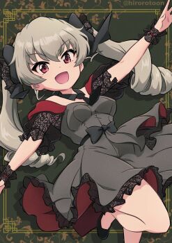1girl adversarial_noise alternate_costume anchovy_(girls_und_panzer) breasts dress drill_hair ehirorotoon girls_und_panzer grey_dress grey_hair highres long_hair looking_at_viewer medium_breasts open_mouth red_eyes solo standing thighhighs twintails