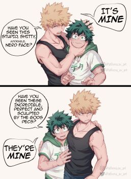 2koma athena_av bakudeku bakugou_katsuki blonde_hair boku_no_hero_academia comic curly_hair freckles green_eyes highres midoriya_izuku scar shirt sleeveless spiked_hair