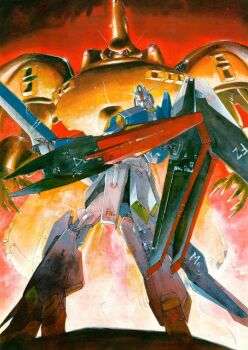 Rule 34 | 1980s (style), aeug, beam cannon, beam rifle, commentary, energy gun, english commentary, fire, gundam, highres, kondou kazuhisa, looking at viewer, magazine scan, mecha, mecha focus, mobile suit, no humans, official art, oldschool, one-eyed, painting (medium), promotional art, realistic, retro artstyle, robot, scan, science fiction, shield, the o (mobile suit), titans (gundam), traditional media, v-fin, weapon, zeta gundam, zeta gundam (mobile suit)