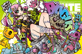 1girl absurdly_detailed_composition bottle dart decora arrow_symbol_hair_ornament dog doll_hair_ornament emoji_hair_ornament english_text engrish_text gyaru lock original profanity project.c.k. punk ranguage rokku_gyaru skull streetwear stuffed_animal stuffed_toy tattoo thumb_ring