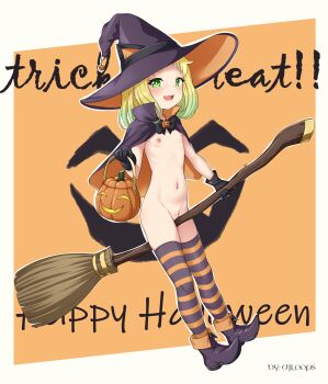 1girl absurdres artist_name bar_censor black_bow black_bowtie black_cape black_gloves black_hat black_shoes blonde_hair blush border bow bowtie bright_pupils broom broom_riding cape censored clogs commentary djloops english_commentary english_text flat_chest gloves green_eyes green_pupils hat highres holding holding_pumpkin jack-o&#039;-lantern loli looking_at_viewer medium_hair naked_cape navel nipples nude open_mouth orange_background original outside_border pumpkin pussy shoes solo striped_clothes striped_thighhighs text_background thighhighs white_border witch_hat
