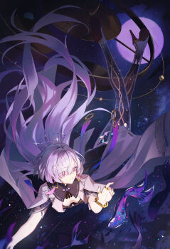 1girl absurdres breasts commentary earrings grey_hair hair_ornament hair_over_one_eye halo hand_up high_heels highres hyonee jacket jewelry long_hair midair mornye_(wuthering_waves) parted_lips red_eyes see-through_body small_breasts solo triangle_earrings very_long_hair white_jacket wuthering_waves