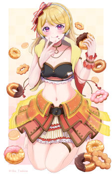 1girl :p absurdres aimoto_rinku aku_tsukino anklet artist_name barefoot belt_buckle blonde_hair blush border bow bracelet braid breasts buckle cleavage closed_mouth commentary_request crop_top cropped_vest crown_braid d4dj donut eyelashes fingernails food food_on_face frilled_cuffs frilled_skirt frills hair_bow headphones highres holding holding_donut holding_food inward_v jewelry layered_skirt looking_at_viewer medium_breasts medium_hair navel necklace purple_eyes red_bow red_skirt red_vest red_wrist_cuffs seiza single_wrist_cuff sitting skirt smile solo stomach striped_bow thighlet tongue tongue_out v vest white_border wrist_cuffs
