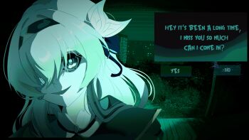 Rule 34 | 1girl, absurdres, black hairband, black ribbon, cityscape, collared shirt, commentary, dialogue box, english commentary, english text, firefly (honkai: star rail), green eyes, grey hair, hair between eyes, hair intakes, hair ornament, hair ribbon, hairband, highres, honkai: star rail, honkai (series), horror (theme), long hair, open mouth, ribbon, shirt, smile, solo, thevarnese, white shirt