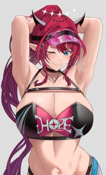 1girl ;) absurdres armpits arms_behind_head arms_up black_choker blue_eyes breasts choker cleavage closed_mouth commentary double_halo grey_background halo heart heart_necklace highres hololive hololive_english horns irys_(hololive) irys_(race_queenrys)_(hololive) jewelry large_breasts long_hair looking_at_viewer navel necklace official_alternate_costume one_eye_closed pointy_ears ponytail print_bandeau purple_hair si_farid sidelocks simple_background smile solo star-shaped_pupils star_(symbol) stomach symbol-shaped_pupils upper_body very_long_hair virtual_youtuber visor_cap