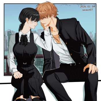 1boy 1girl absurdres artist_name belt belt_buckle black_belt black_dress black_jacket black_pants black_ribbon black_skirt blonde_hair buckle chainsaw_man collared_shirt commentary_request dated denji_(chainsaw_man) dress fourth_east_high_school_uniform gakuran hand_on_another's_face highres jacket korean_commentary long_hair looking_at_another low_twintails mitaka_asa neck_ribbon open_clothes open_jacket open_mouth pants profile red_eyes ribbon school_uniform sharp_teeth shirt sieater07 sitting skirt smile tearing_up teeth twintails white_shirt