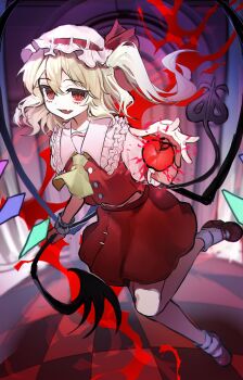 Rule 34 | 1girl, absurdres, aorin oekaki, ascot, blonde hair, crystal, crystal wings, dress, embodiment of scarlet devil, fang, flandre scarlet, frilled shirt collar, frilled skirt, frills, full body, hat, hat ribbon, highres, laevatein (touhou), looking at viewer, mary janes, mob cap, one side up, open mouth, puffy short sleeves, puffy sleeves, red eyes, red ribbon, ribbon, shoes, short hair, short sleeves, side ponytail, skirt, smile, solo, touhou, wings, yellow ascot