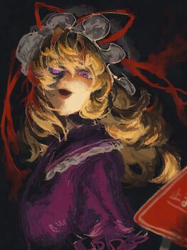 1girl absurdres blonde_hair dress frilled_hat frills grey_hat hair_between_eyes hat hat_ribbon highres long_hair looking_at_viewer mob_cap oftooon open_mouth puffy_short_sleeves puffy_sleeves purple_dress purple_eyes red_ribbon ribbon short_sleeves smile solid_eyes solo touhou veins yakumo_yukari