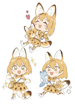 0nanaten 1girl :3 absurdres animal_ears bag bare_shoulders blonde_hair blush boots bow bowtie cat_ears cat_girl cat_tail chibi closed_eyes elbow_gloves extra_ears fang frilled_skirt frills gloves hair_between_eyes handbag high-waist_skirt highres kemono_friends lucky_beast_(kemono_friends) multiple_views open_mouth paw_print_soles print_bow print_bowtie print_gloves print_skirt print_socks serval_(kemono_friends) shirt short_hair sidelocks skirt sleeveless smile socks sparkle tail white_boots white_shirt yellow_eyes