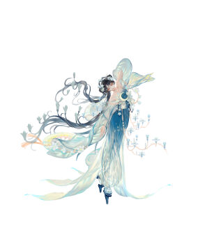 Rule 34 | 1girl, absurdres, alternate costume, bare shoulders, black hair, chinese clothes, chinese commentary, closed mouth, commentary request, crescent ornament, flower, full body, gradient hanfu, hair flower, hair ornament, hanfu, highres, incredibly absurdres, leaning to the side, long hair, looking at viewer, molin, onmyoji, shiranui (onmyoji), simple background, solo, tachi-e, very long hair, white background, white flower