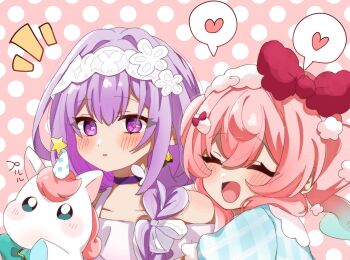 Rule 34 | 2girls, aqua hair, bare shoulders, blush, bow, butterfly earrings, castorice (honkai: star rail), castorice (ingenuity) (honkai: star rail), choker, closed eyes, commentary, commentary request, drill hair, earrings, gradient hair, hair bow, hair ornament, hair over shoulder, hairband, heart, highres, honkai: star rail, honkai (series), hug, hyacine (honkai: star rail), hyacine (sweet slumber) (honkai: star rail), jewelry, komekopanuma17, little ica (honkai: star rail), long hair, looking at viewer, multicolored hair, multiple girls, notice lines, open mouth, parted lips, pink background, pink hair, polka dot, polka dot background, portrait, purple choker, purple eyes, purple hair, speech bubble, spoken heart, symbol-only commentary, twin drills, white hairband