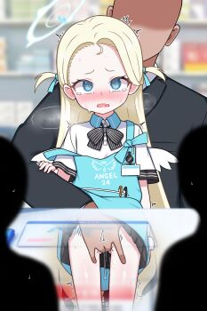 1girl absurdres apron blonde_hair blue_apron blue_archive blue_eyes blush commentary_request fingering halo hetero highres id_card large_variant_set loli long_hair sora_(blue_archive) tears two_side_up variant_set zing_(z_z_zing)