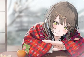 1girl blurry blurry_background closed_mouth day depth_of_field food fruit green_eyes hair_bobbles hair_ornament highres japanese_clothes long_hair long_sleeves looking_at_viewer low_twintails mandarin_orange open_door original shimofuri smile solo table twintails wavy_mouth