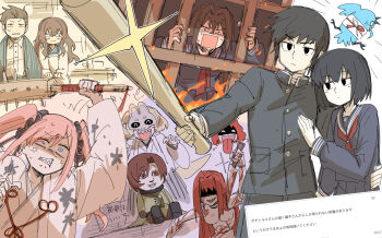 2boys 6+girls anger_vein annoyed arm_around_waist arm_up baseball_cap bird black_eyes black_hair blood blue_eyes brown_hair closed_eyes constricted_pupils crazy_eyes fire forehead hand_on_another's_chest happy hat highres japanese_clothes knife konami long_hair mask multiple_boys multiple_girls nervous_sweating open_mouth outstretched_arm protecting red_hair school_uniform shaded_face sharp_teeth shimizu_hinako short_hair silent_hill_(series) silent_hill_f sitting smile sweat sweatdrop teeth tongue twintails weapon wide-eyed