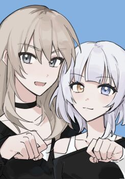Rule 34 | 2girls, bang dream!, bang dream! it's mygo!!!!!, black choker, black shirt, black sweater, blue background, blue eyes, chinese commentary, choker, commentary request, crossover, genre connection, girls band cry, grey eyes, grey hair, hand up, heterochromia, highres, instrument connection, iris769675331, kaname raana, kawaragi momoka, long hair, multicolored hair, multiple girls, open mouth, roots (hair), shirt, short hair, simple background, sweater, upper body, white hair, white shirt, yellow eyes